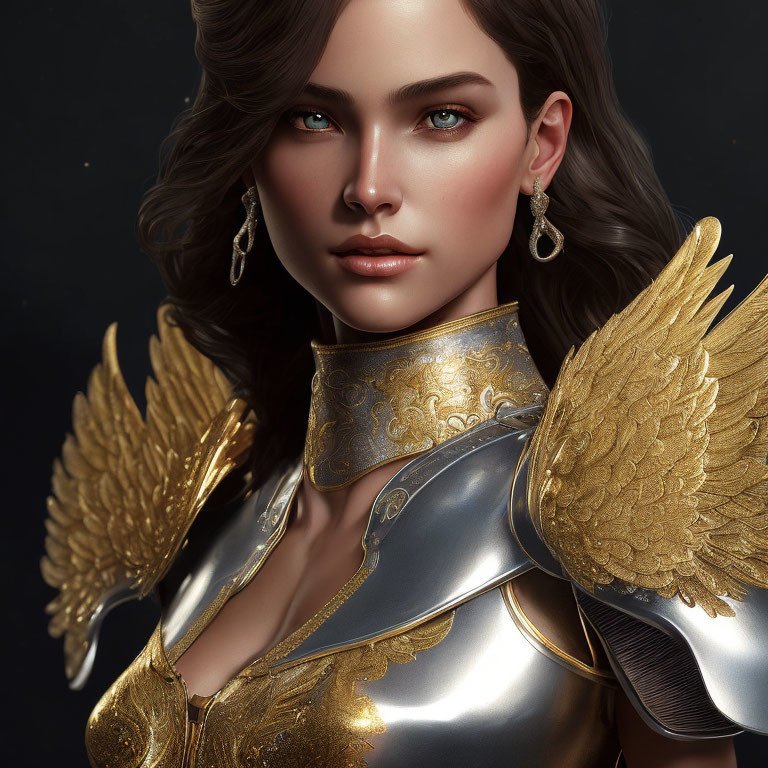 Portrait of woman with green eyes, brown wavy hair, in gold and silver ornate armor