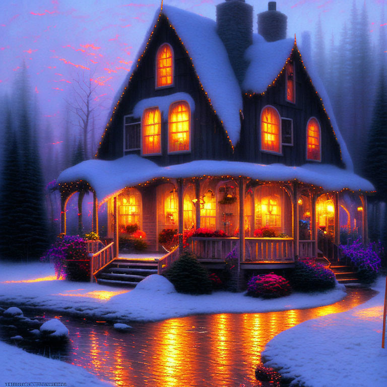 Cozy Two-Story House with Christmas Lights in Snowy Landscape