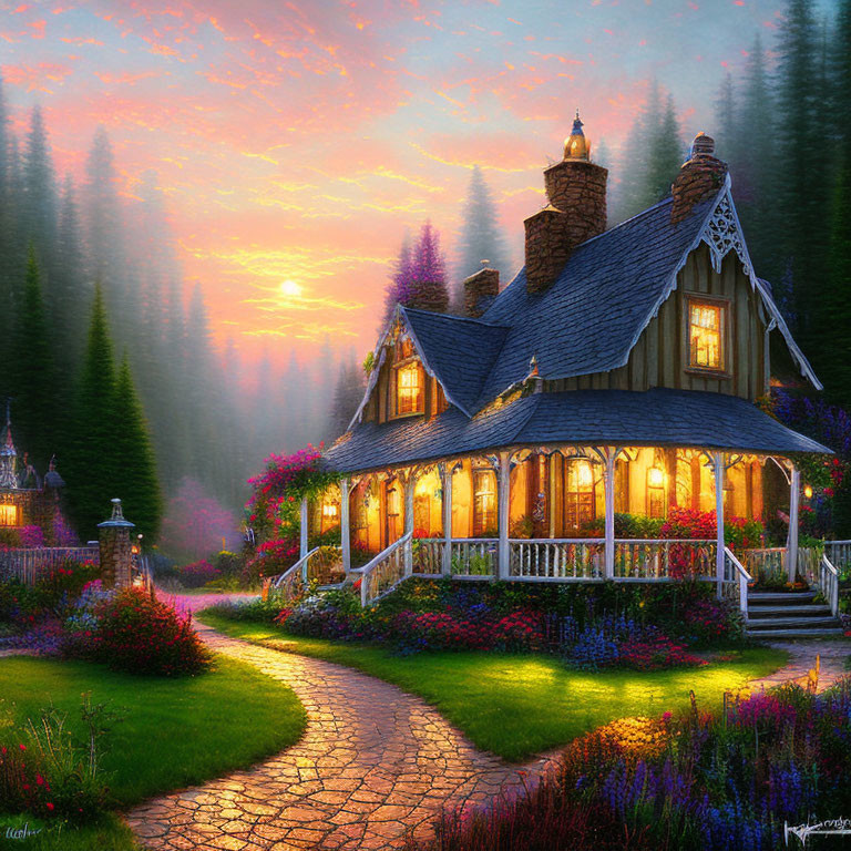 Cozy cottage with illuminated porch in vibrant garden at sunset