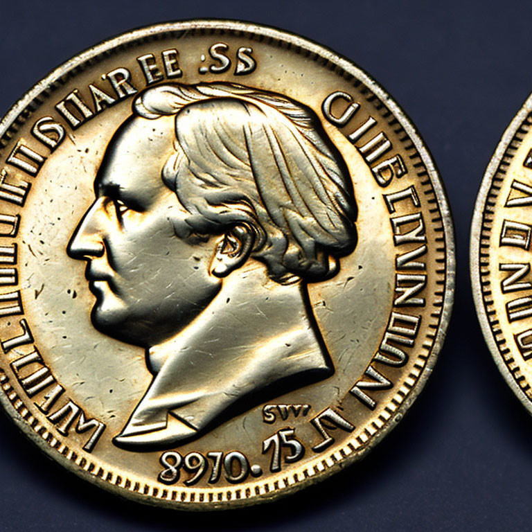 Gold-colored coins with man profile & inscriptions on dark surface