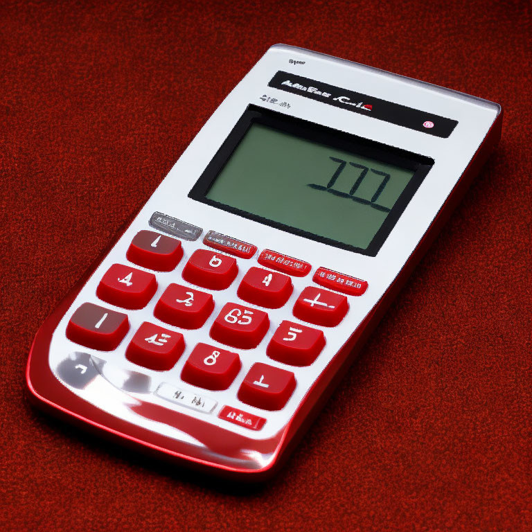 Red and White Basic Calculator with LCD Display on Red Textured Background