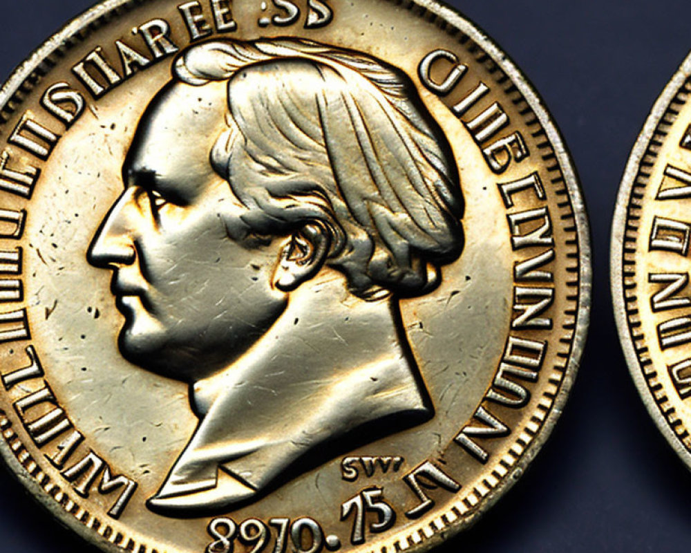 Gold-colored coins with man profile & inscriptions on dark surface