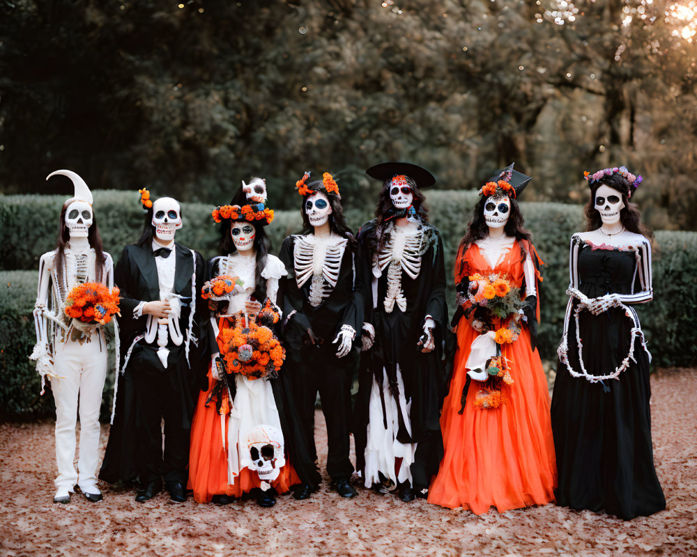 Elaborate Day of the Dead costumes and makeup in outdoor setting