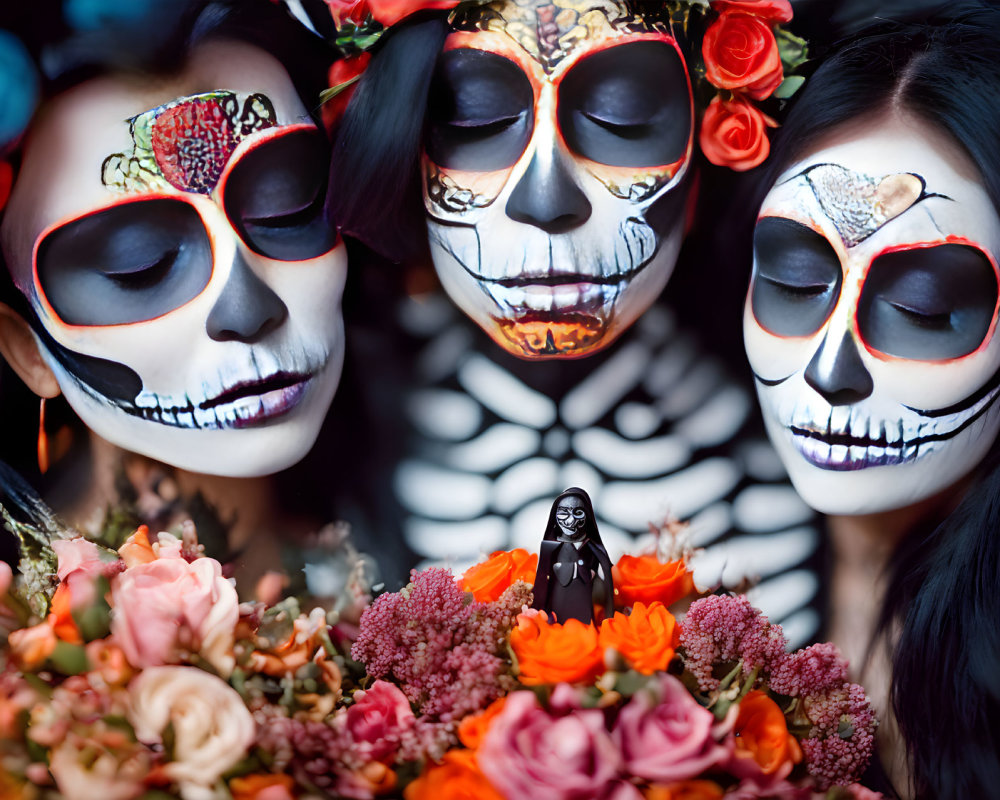 Three individuals in Day of the Dead skull makeup and sunglasses with flowers.