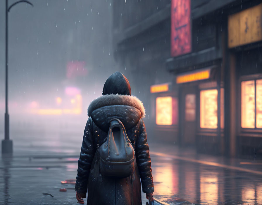 Person in winter coat and backpack on rainy city street at dusk