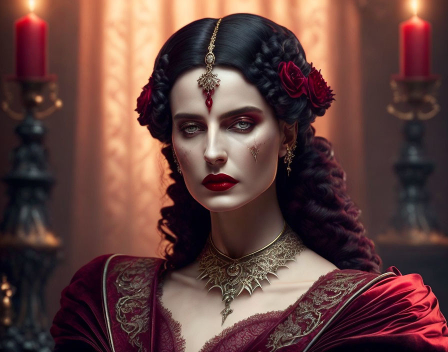 Dark-haired woman in gothic red and gold attire with elegant waves and dramatic makeup