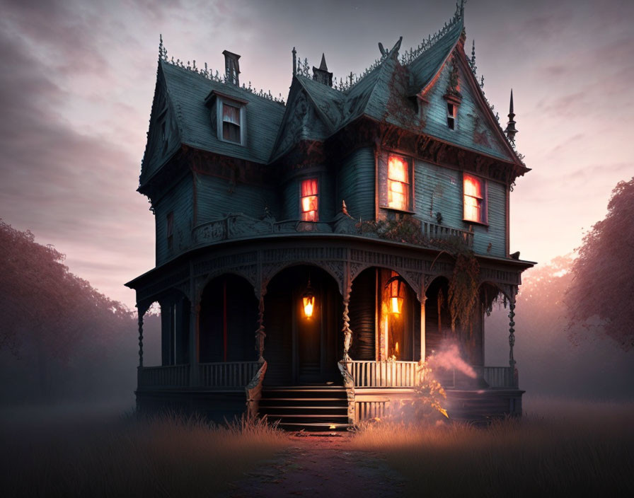 Victorian-style haunted house at dusk with glowing windows in spooky setting.