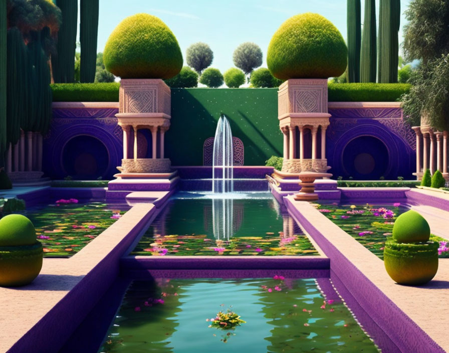 Symmetrical topiaries and water features in ornate garden