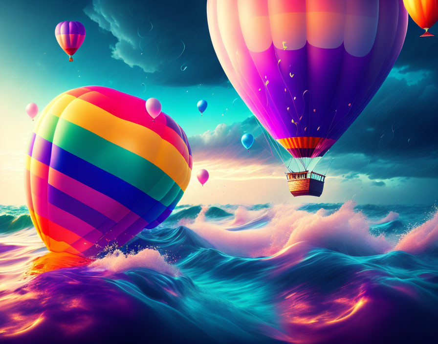 Vibrant hot air balloons over ocean waves and sunny sky