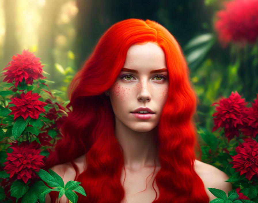 Vibrant red-haired woman in lush floral setting with green eyes