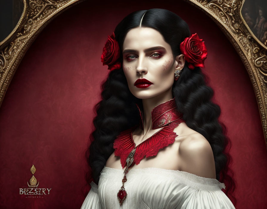 Dark-haired woman with red lipstick and pale skin adorned with red roses and jewelry posing in front of orn