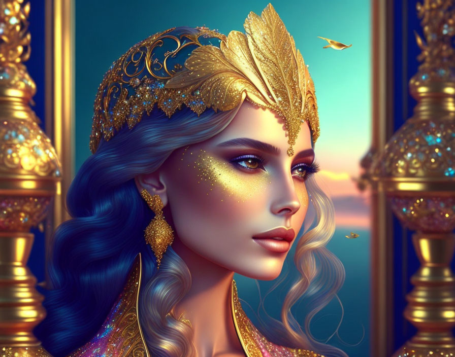 Woman with Golden Crown and Blue Hair Surrounded by Lamps