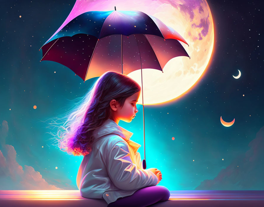 Girl under open umbrella at night with vibrant moon and stars