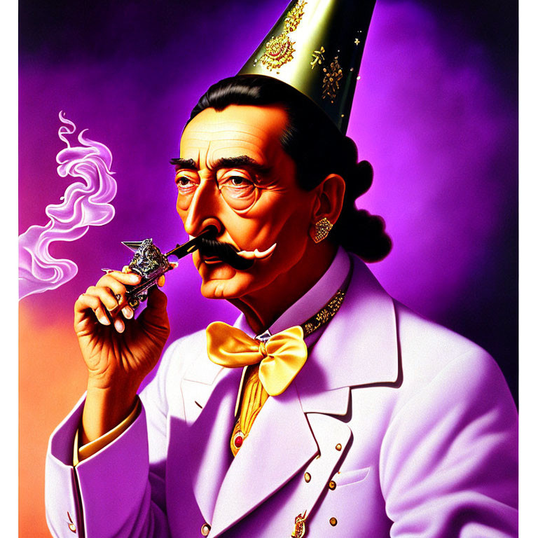 Man in Party Hat Smoking Pipe in White Suit on Purple Background