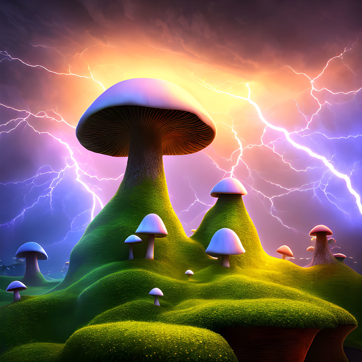 Colorful digital artwork: oversized mushrooms on green hill under purple lightning-filled sky