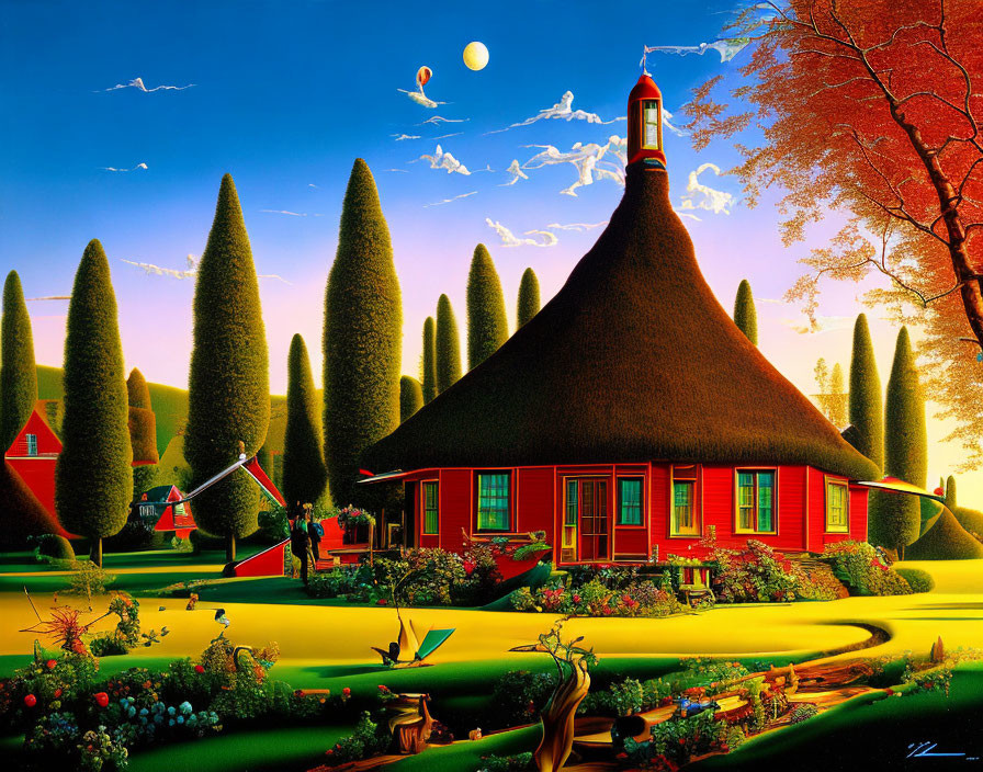 Vibrant red cottage in surreal landscape with moon and hot air balloon