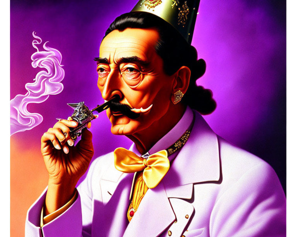 Man in Party Hat Smoking Pipe in White Suit on Purple Background