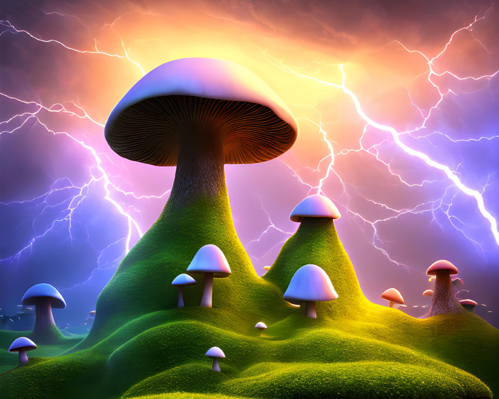 Colorful digital artwork: oversized mushrooms on green hill under purple lightning-filled sky