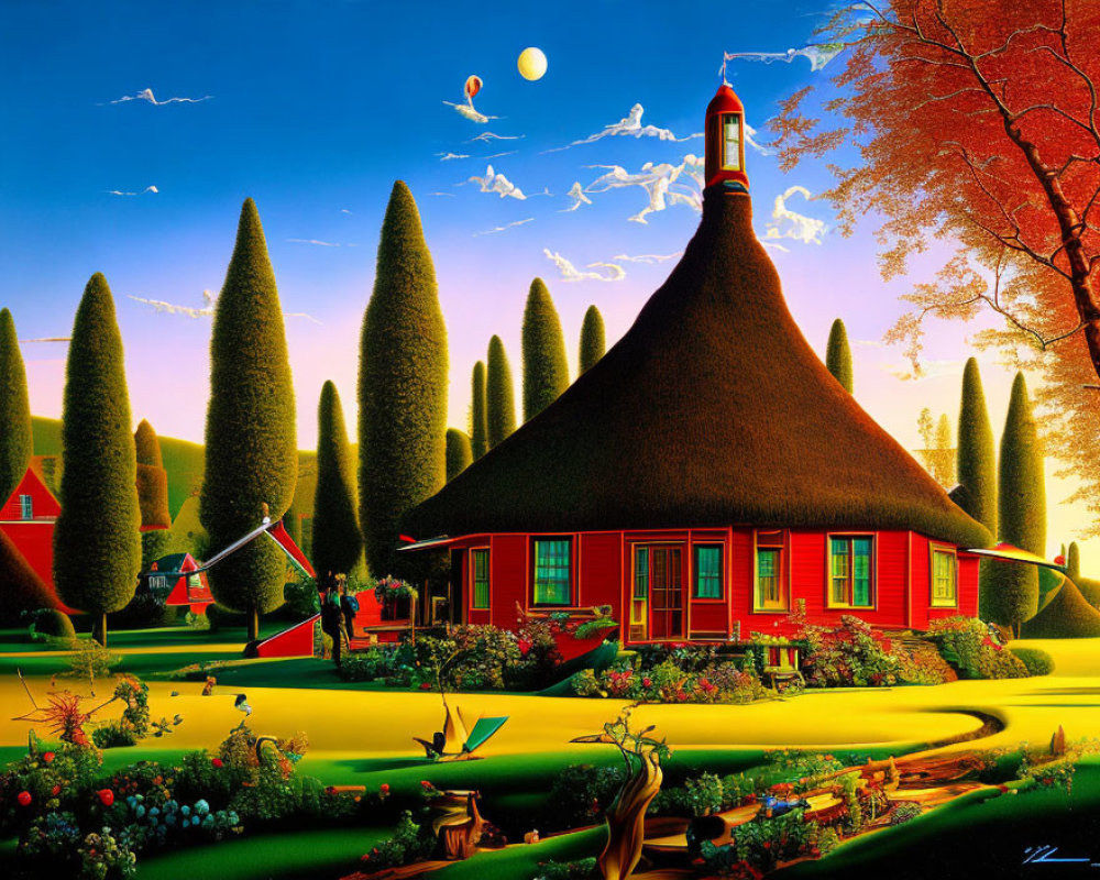 Vibrant red cottage in surreal landscape with moon and hot air balloon