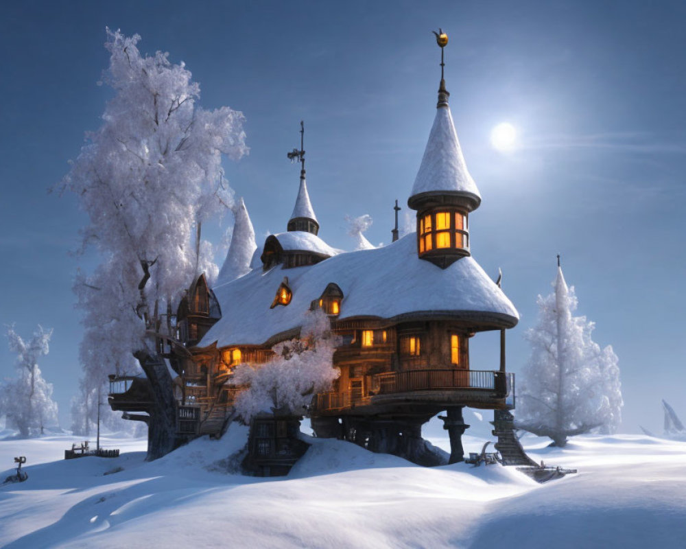 Snow-covered wooden house in winter night scene with moonlit sky