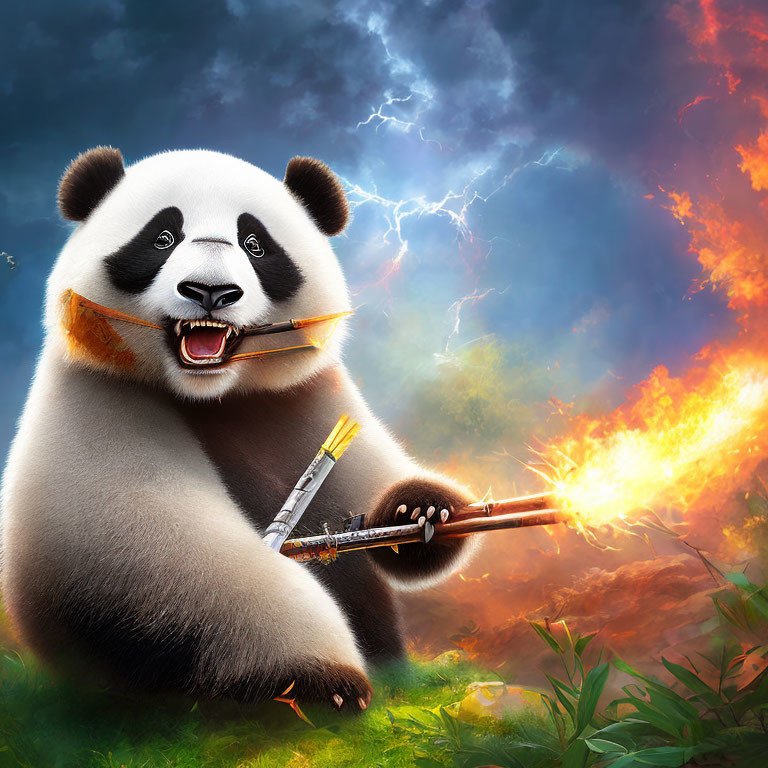 Panda holding flaming bamboo stick under stormy sky