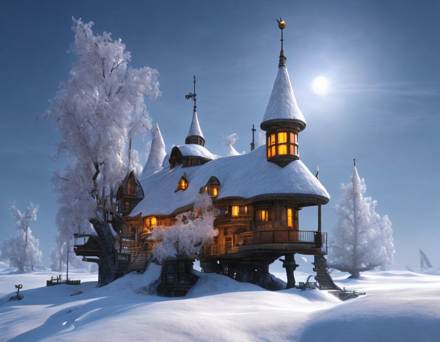 Snow-covered wooden house in winter night scene with moonlit sky