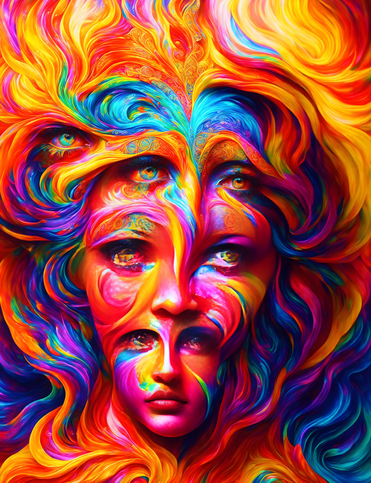 Colorful Psychedelic Artwork: Multiple Human Faces with Swirling Patterns