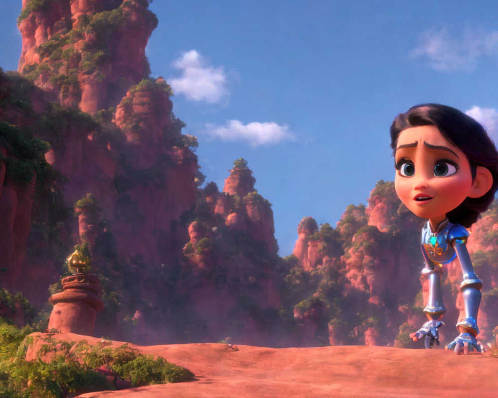 Animated girl with large eyes in vivid landscape with red rock formations.