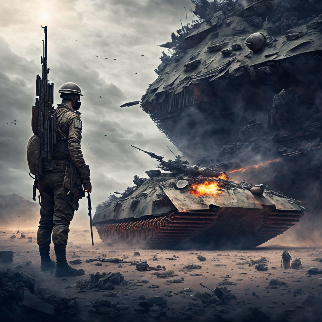 War-torn battlefield scene with soldier, burning tank, and crashed aircraft