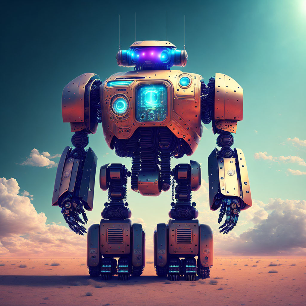 Futuristic robot with illuminated blue core in sandy terrain against cloudy sky