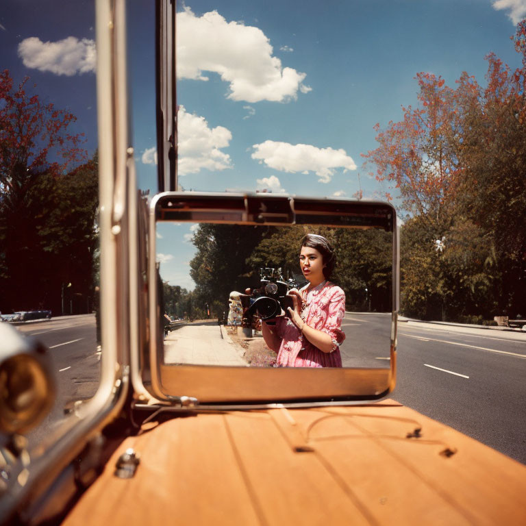 Woman in pink outfit reflected in car's rearview mirror on sunny tree-lined street