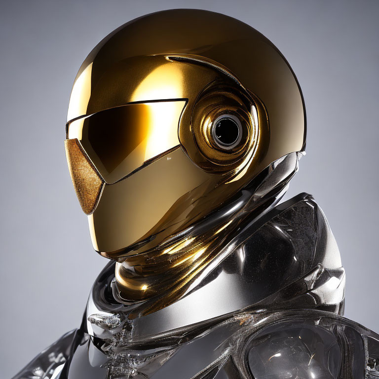 Shiny gold and silver robot head and torso with circular eye aperture