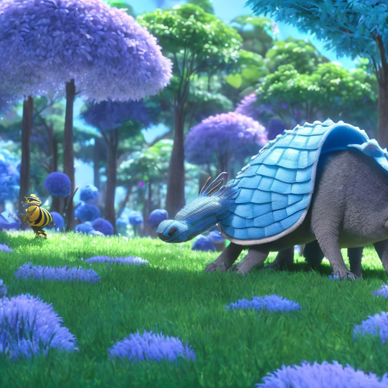 Colorful digital artwork: Blue armored creature in fantasy forest with oversized flora and bee