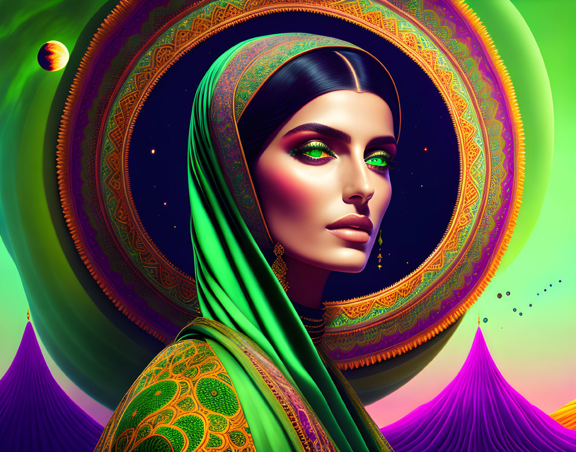 Colorful digital artwork: Woman with green eyes and scarf amidst surreal shapes.