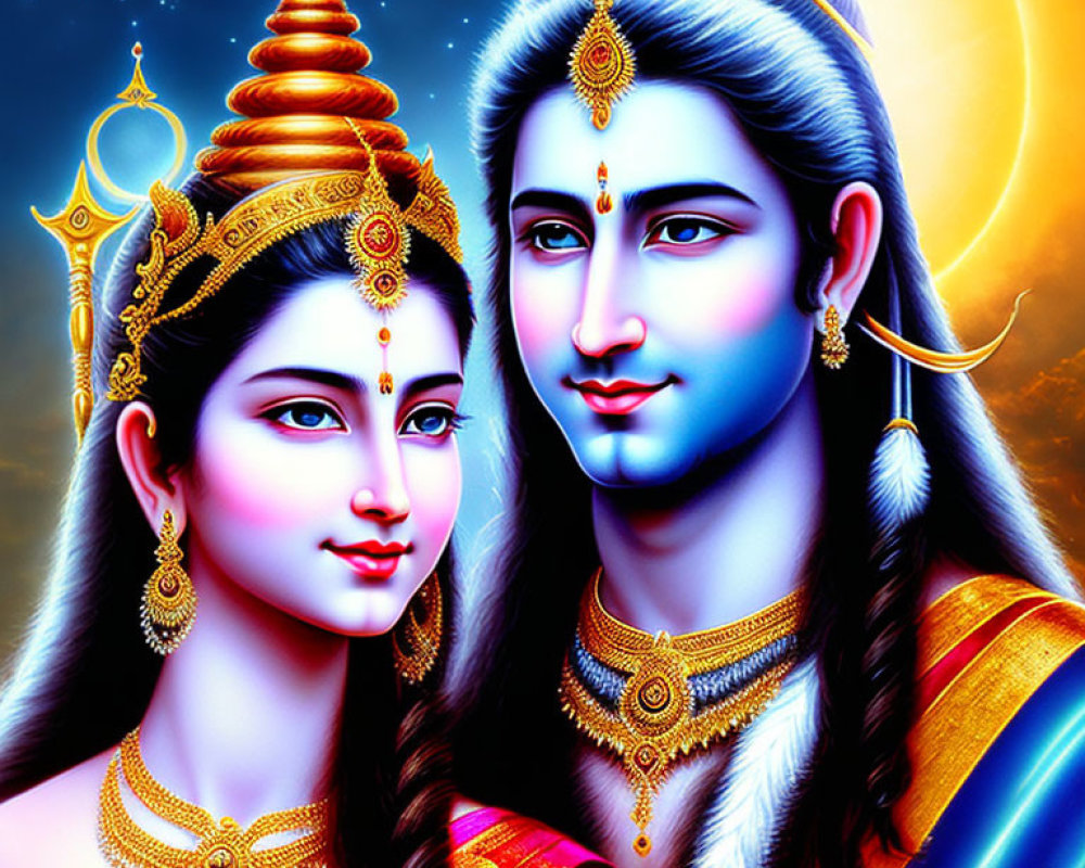 Divine couple in traditional attire under crescent moon