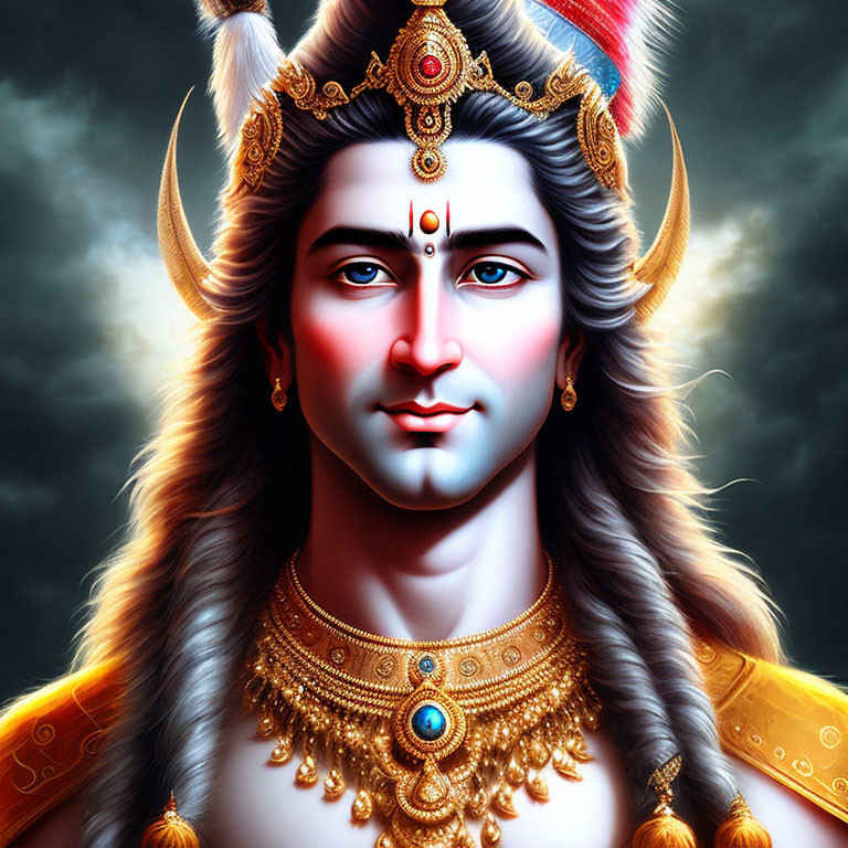 Serene Lord Shiva digital painting with jewelry and trident headdress