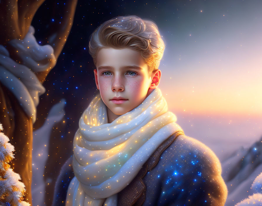 Digital artwork: Young boy with blond hair in magical winter landscape