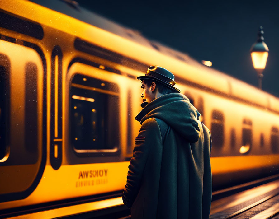 Person in coat and hat on platform at night with yellow-lit train and lamp post.