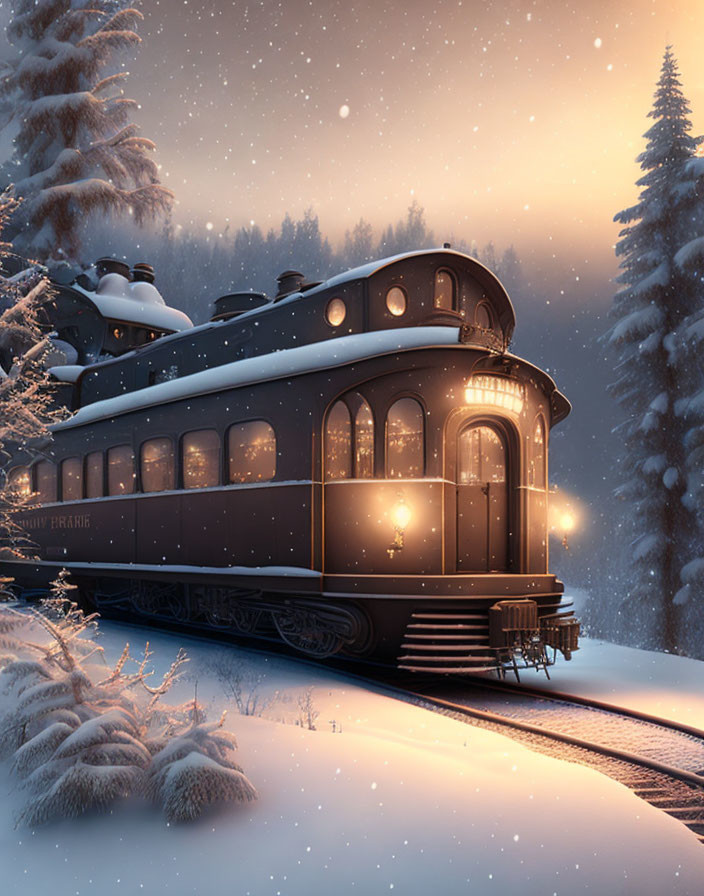 Vintage train in snowy landscape at dusk with illuminated windows.