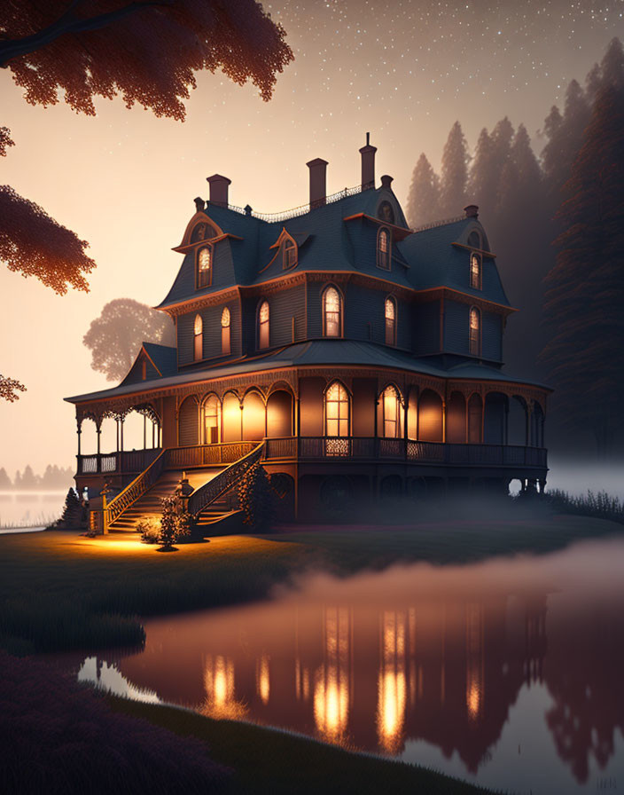 Victorian-style house at twilight by lake with lit windows.