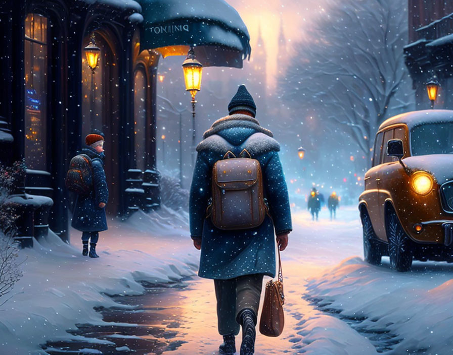 Person in winter clothing walking on snowy street past vintage street lamps and old car, with another person in