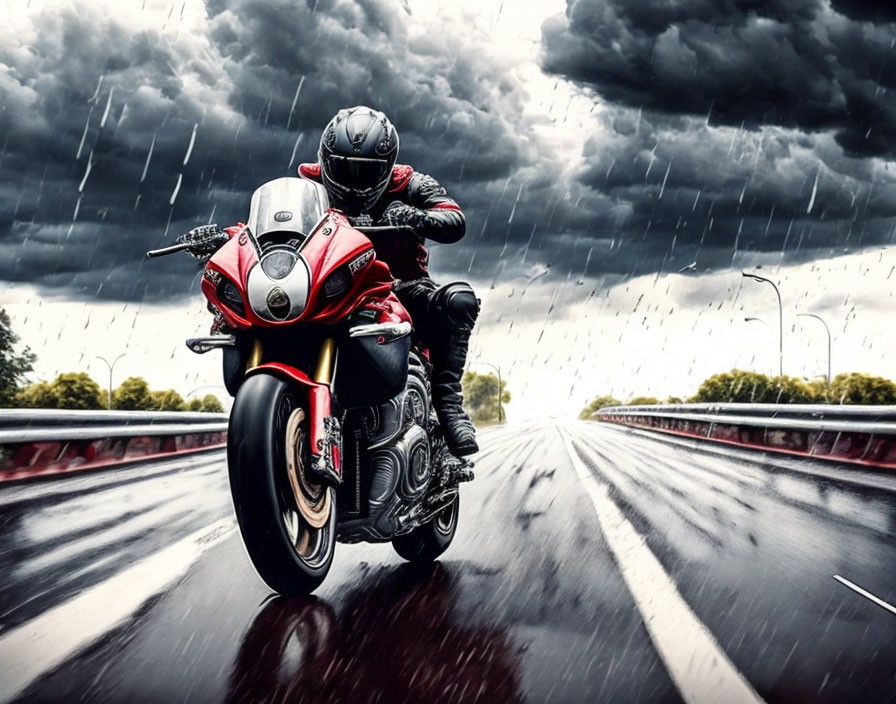 Motorcyclist in Full Gear Riding Red Sports Bike on Wet Road