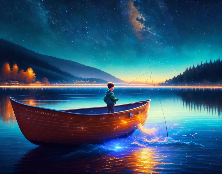 Person fishing on serene lake under starry night sky with village lights