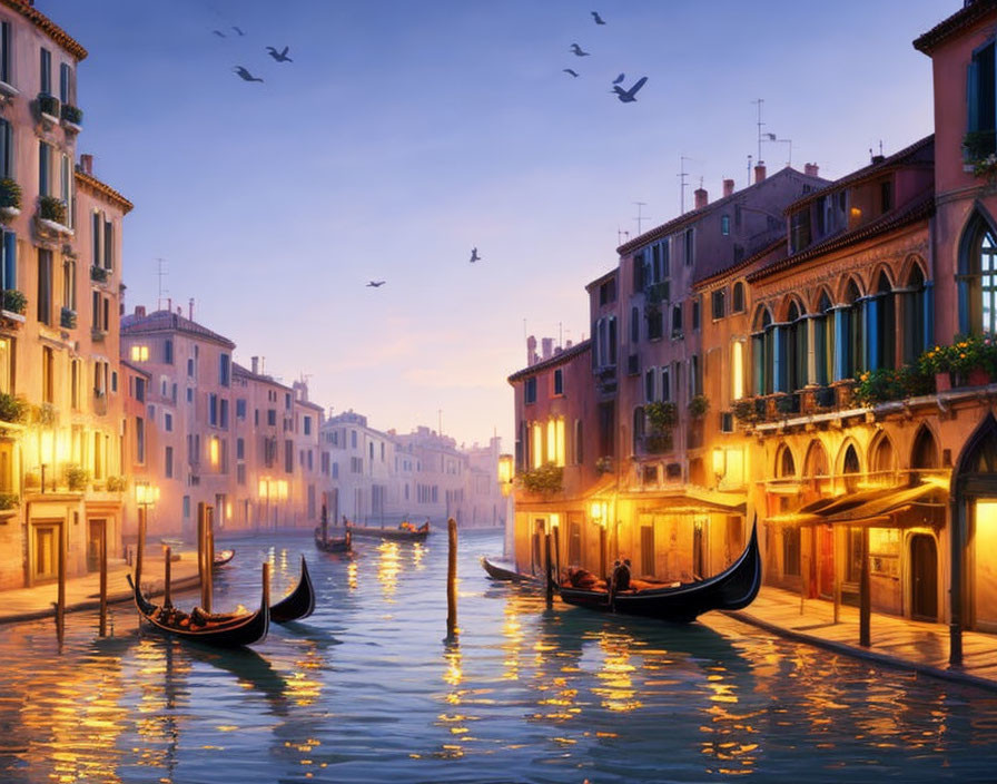 Venice Canal at Sunset with Gondolas and Pastel Buildings