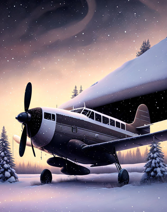 Vintage Airplane in Snowy Twilight Landscape