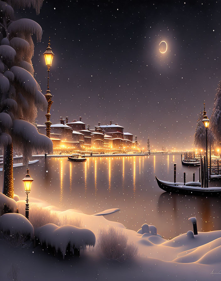 Snow-covered night scene with glowing street lamps, calm river, boats, and starry sky.