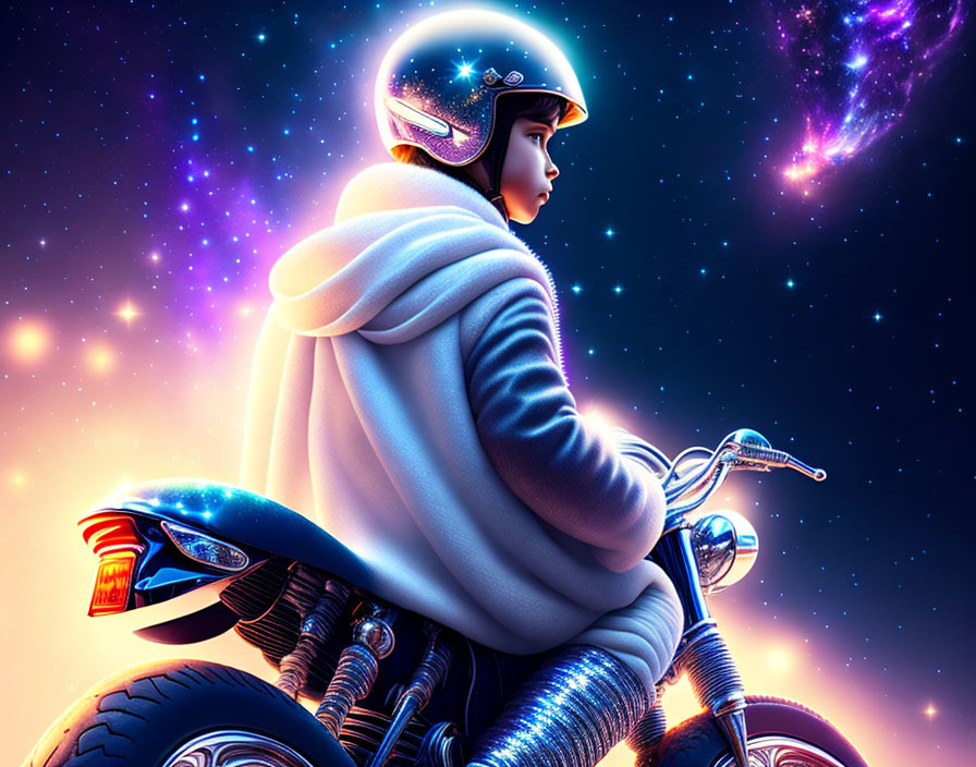 Illustration of person in retro-futuristic helmet on motorcycle gazing at vibrant cosmos.