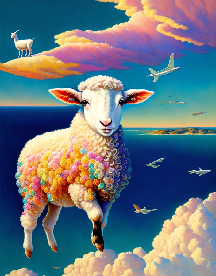 Colorful Sheep Painting Among Clouds with Birds and Second Sheep