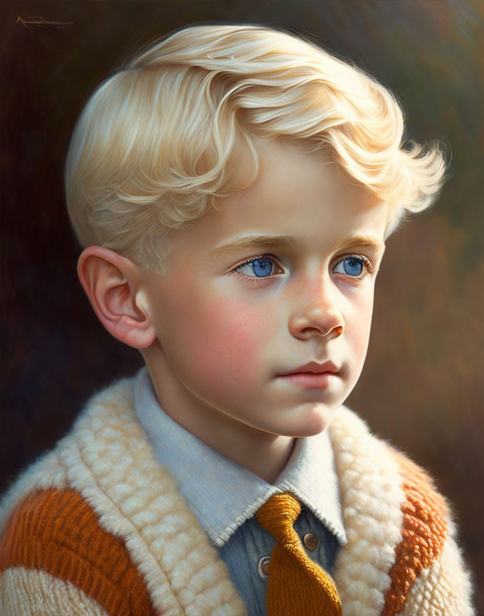 Portrait of Young Boy with Blonde Curly Hair and Blue Eyes in Formal Attire