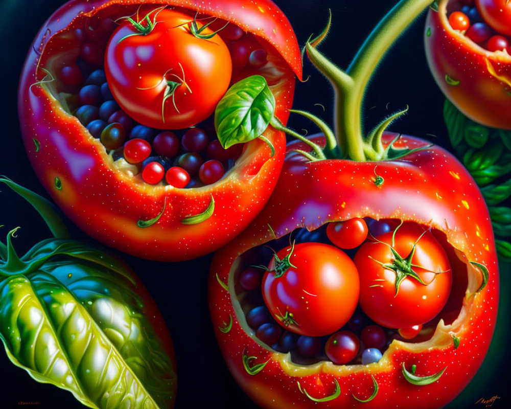 Vibrant Hyperrealistic Painting of Red Tomatoes and Basil Leaves